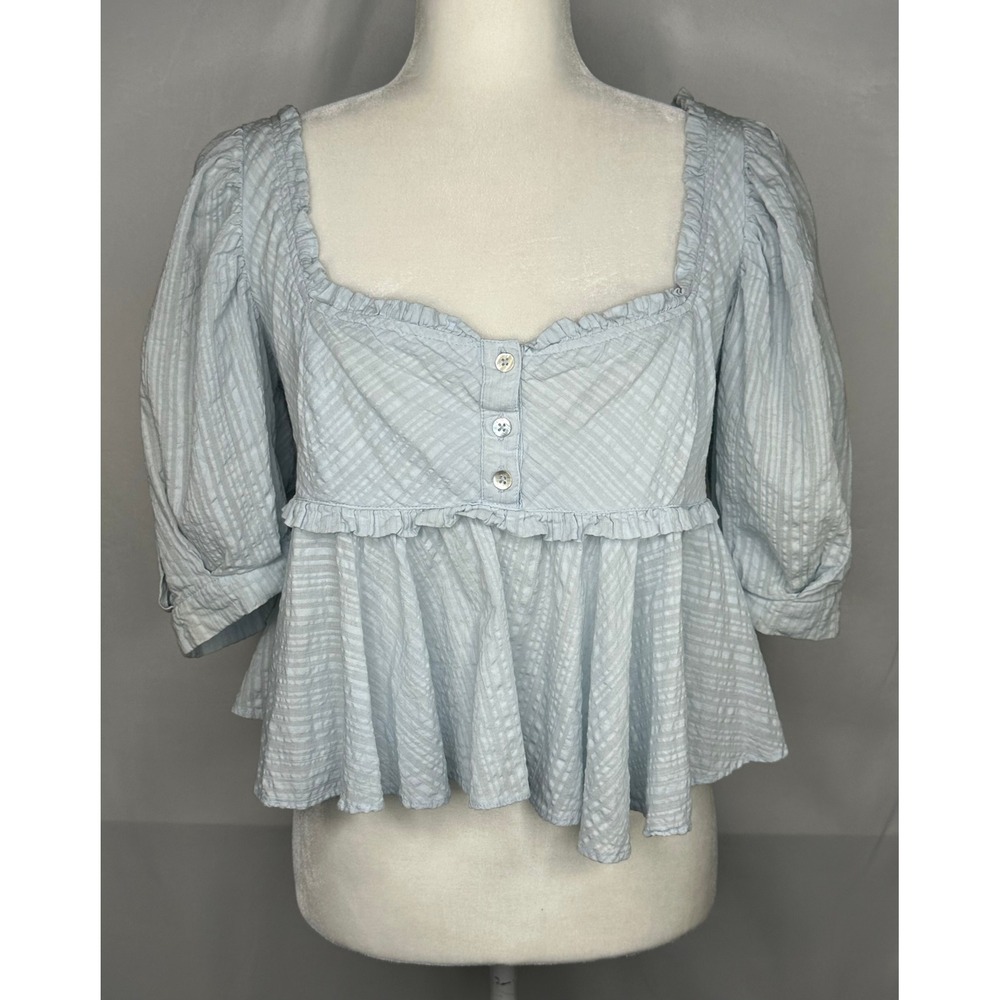 Free People Light Blue Seersucker Puff Sleeve Peplum Top Bohemian  XS